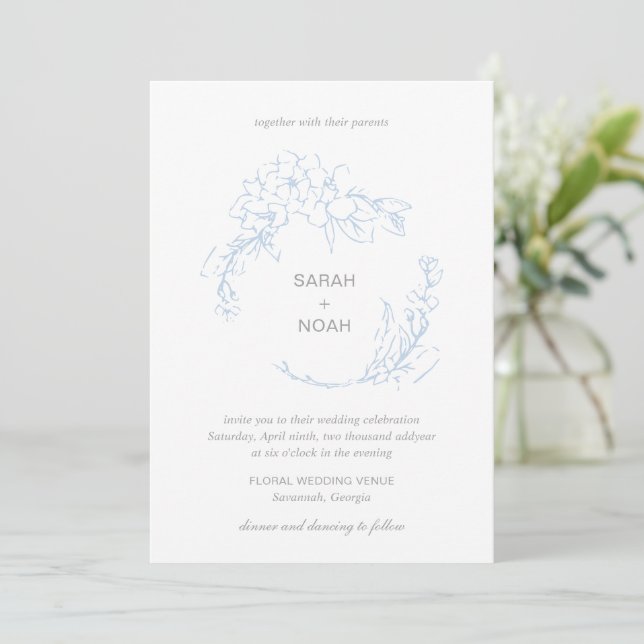 Sarah Dusty Blue Floral Wreath Modern Wedding Invitation (Standing Front)