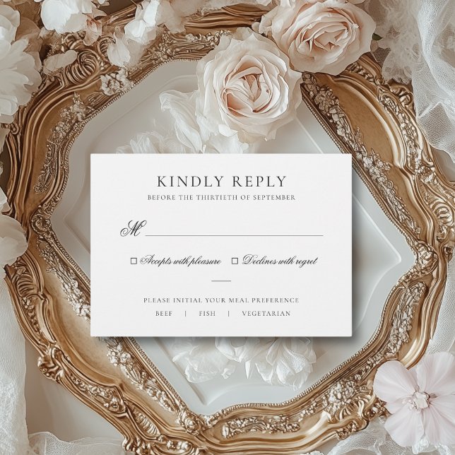 Sarah Elegant Black & White Meal Choice Wedding RSVP Card (This elegant RSVP card is perfect for a vintage or classic wedding.)