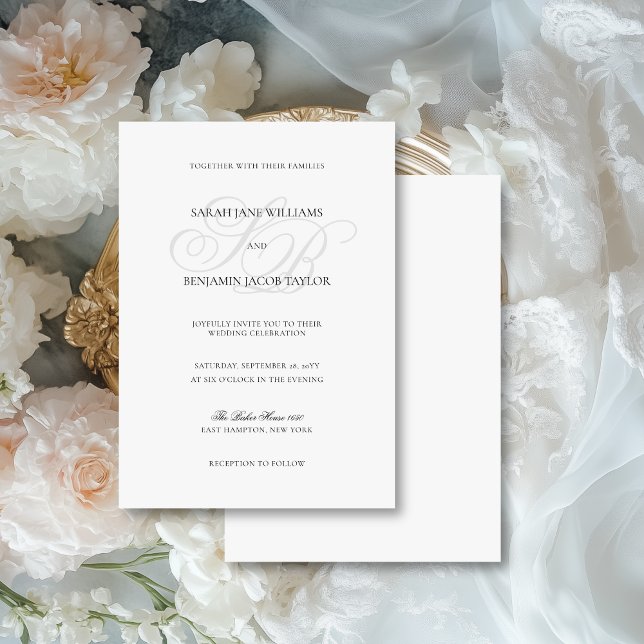 Sarah Elegant Monogram Black & White Wedding Invitation (This elegant, vintage-inspired invite features your monograms in a classic calligraphy script font.)