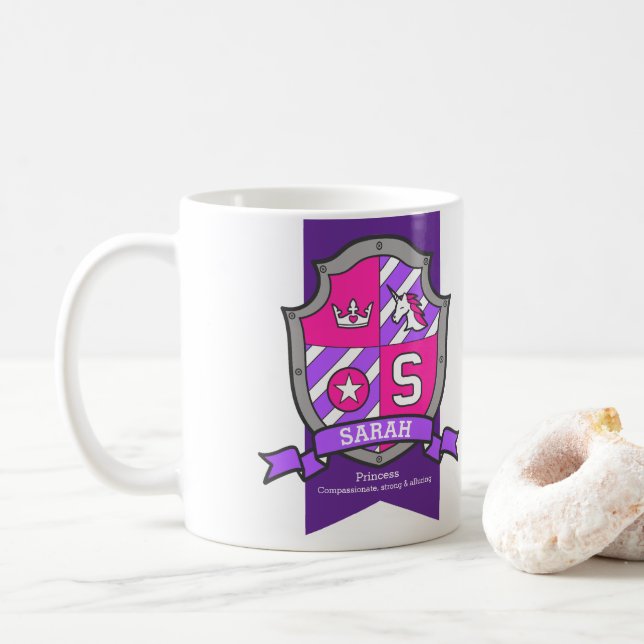 Sarah letter S crest pink unicorn name meaning Coffee Mug (With Donut)