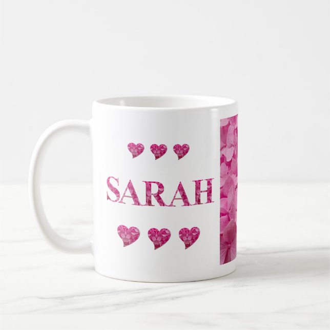 "Sarah" Pink Hydrangea Floral Letters, Cute Hearts Coffee Mug (Left)