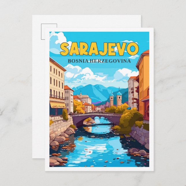 Sarajevo Bosnia vintage travel illustration Postcard (Front/Back)