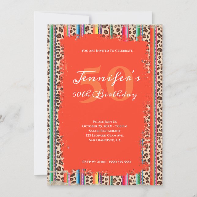 Sarape Leopard Grunge Safari Orange 50th Birthday Invitation (Front)