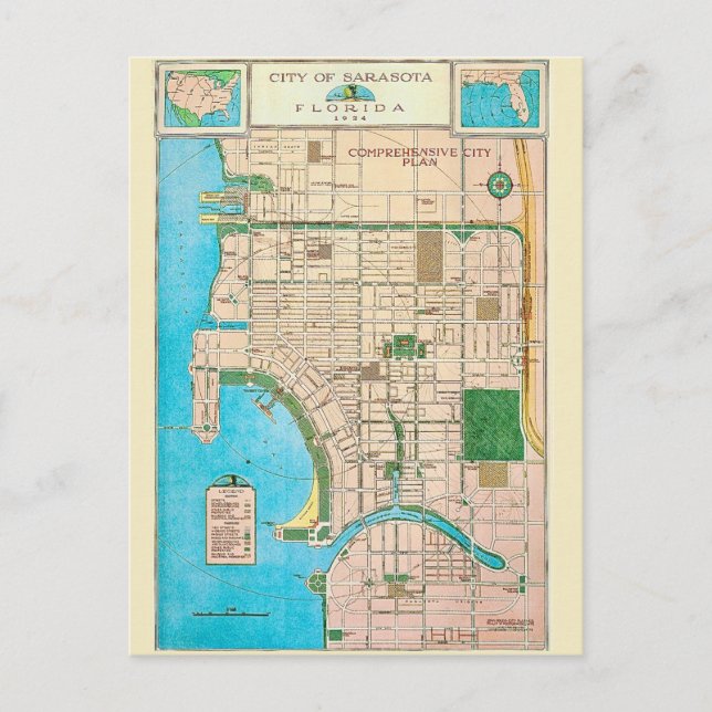 Sarasota FL Vintage Map Postcard (Front)
