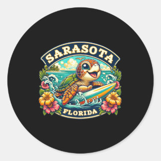 Sarasota Florida Cute Sea Turtle Surfing Classic Round Sticker