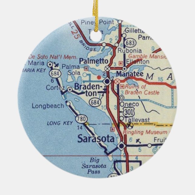 Sarasota Florida Vintage Map Ceramic Ornament (Back)