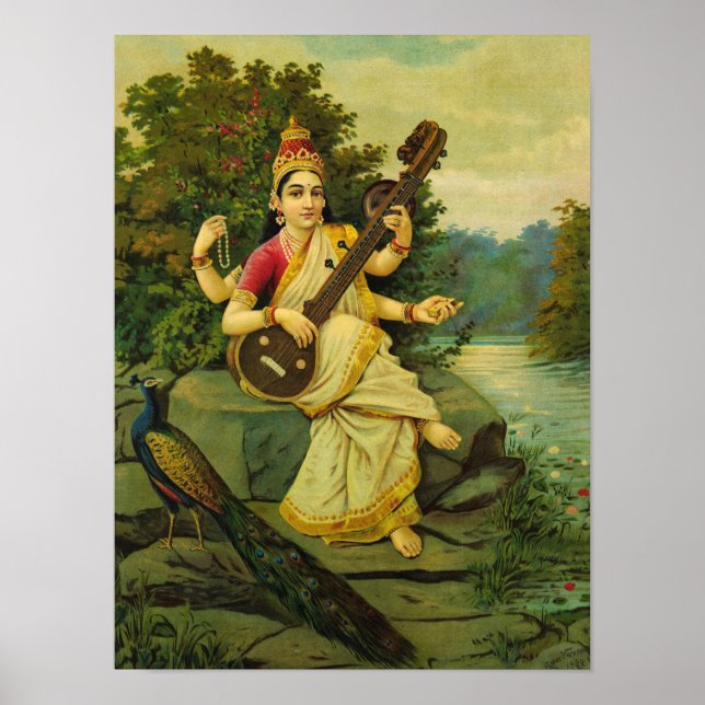 Saraswati, Goddess of Music by Raja Ravi Varma Poster (Front)