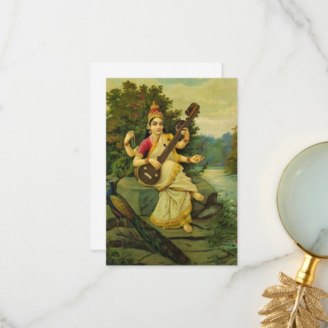 Saraswati, Goddess of Music by Raja Ravi Varma Thank You Card (Front/Back In Situ)