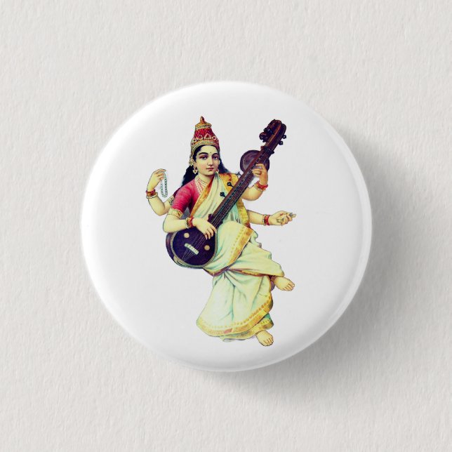 Saraswati, Hindu Goddess Button (Front)