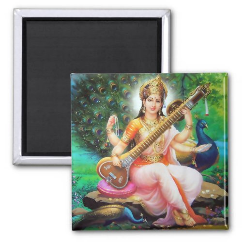 Hindu Goddess Saraswati Playing the Veena Square Magnet
