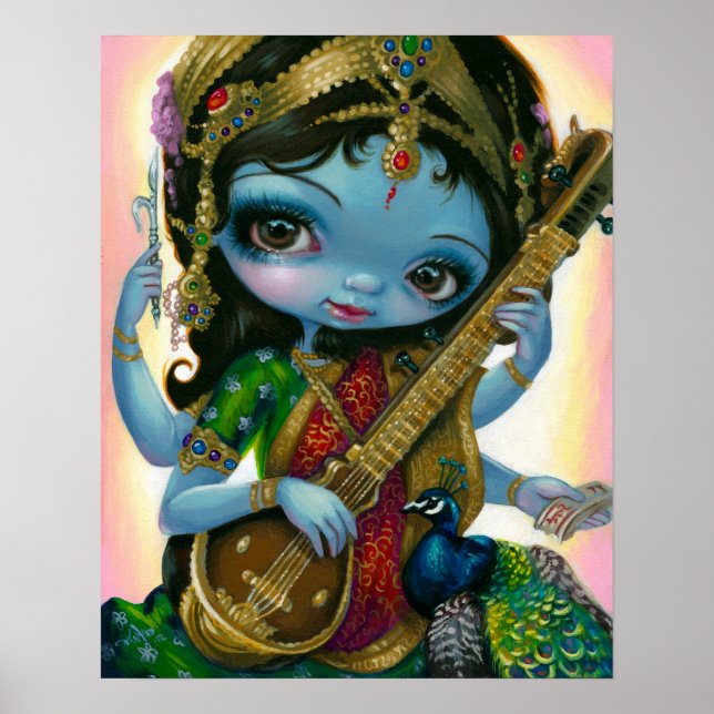 Saraswati Playing Veena Hindu Goddess Art PRINT (Front)