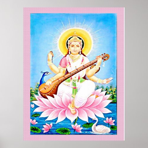 Saraswati sitting on a lotus blossom poster