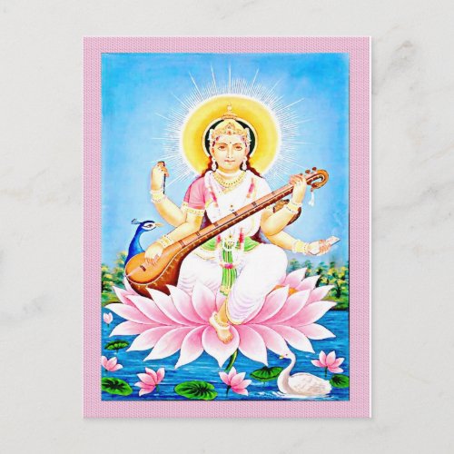 Saraswati Sitting on Pink Lotus Postcard