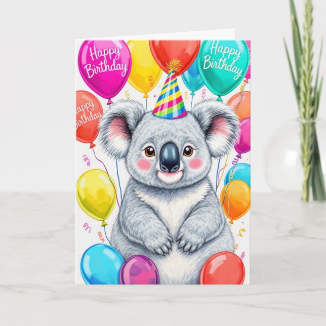 Sarcastic Birthday Koala with Colorful Balloons Card (Front)