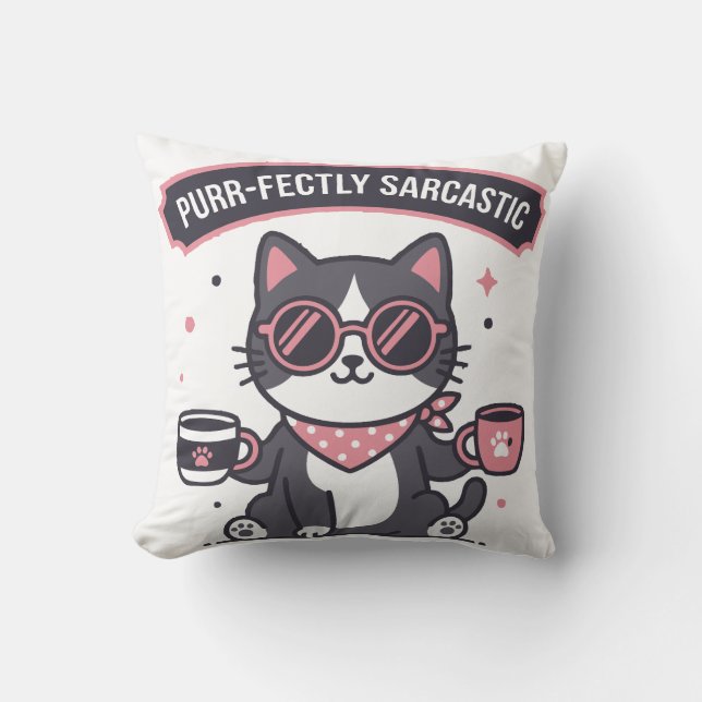 Sarcastic Cool Cat Bandana Coffee Lover Gift Throw Pillow (Front)