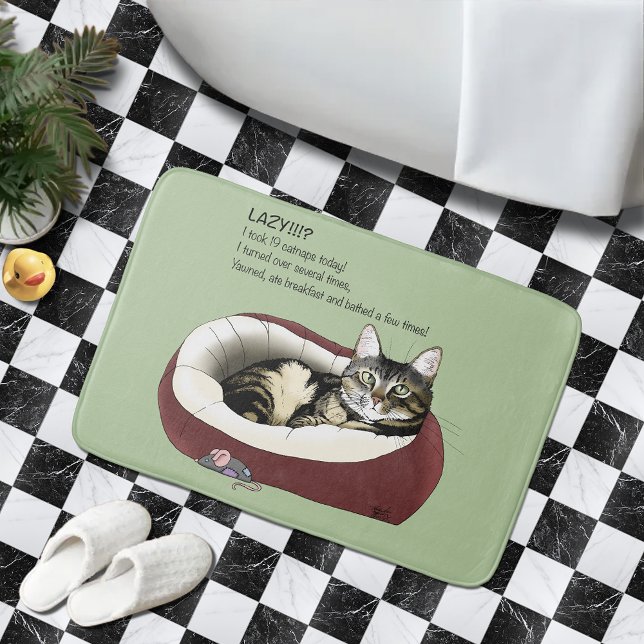 Sarcastic Lazy Tabby Cat Humor Sage Green Bath Mat (Creator Uploaded)