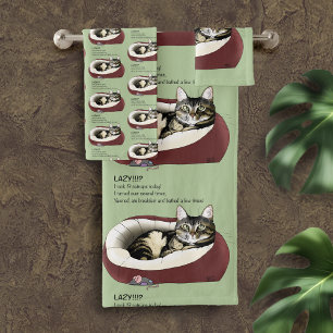 Sarcastic Lazy Tabby Cat Humor Sage Green Bath Towel Set