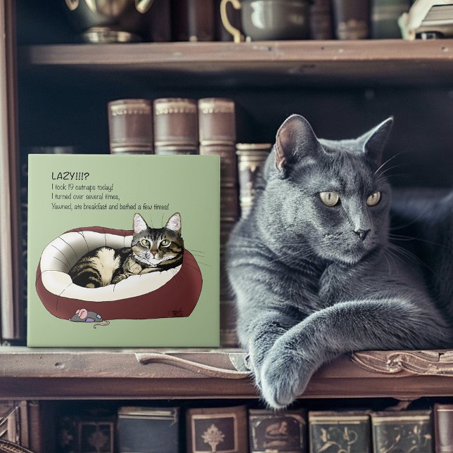 Sarcastic Lazy Tabby Cat Humor Sage Green Ceramic Tile (Creator Uploaded)