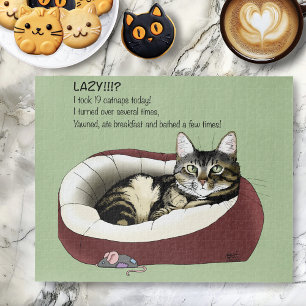 Sarcastic Lazy Tabby Cat Humor Sage Green Jigsaw Puzzle