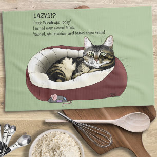 Sarcastic Lazy Tabby Cat Humor Sage Green Kitchen Towel