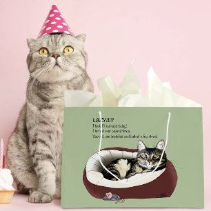 Sarcastic Lazy Tabby Cat Humor Sage Green Large Gift Bag