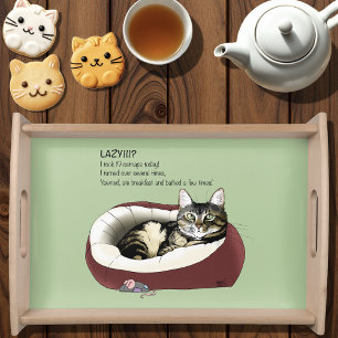 Sarcastic Lazy Tabby Cat Humor Sage Green Serving Tray
