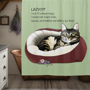 Sarcastic Lazy Tabby Cat Humor Sage Green Shower Curtain