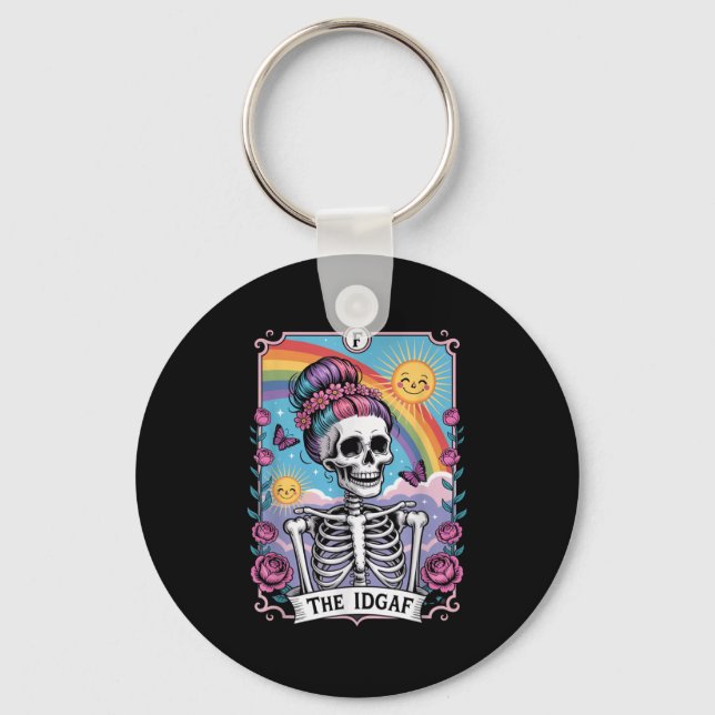 Sarcastic Skeleton The Idgaf Funny Tarot Card Goth Keychain (Front)
