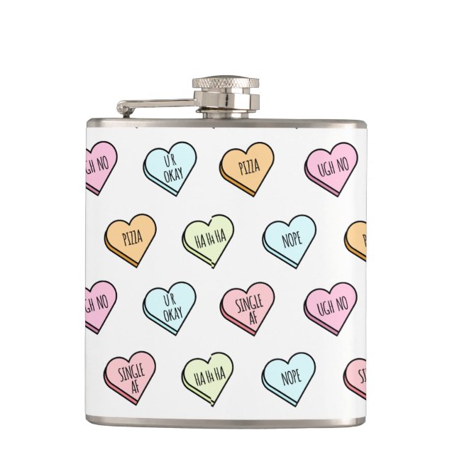 Sarcastic Valentine’s Candy Heart Pattern Hip Flask (Front)