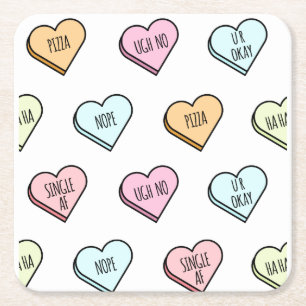 Sarcastic Valentine’s Candy Heart Pattern Square Paper Coaster