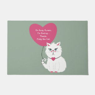 Sarcastic White Cat Funny Go Away Sage Green Doormat