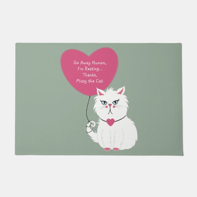 Sarcastic White Cat Funny Go Away Sage Green Doormat (Front)