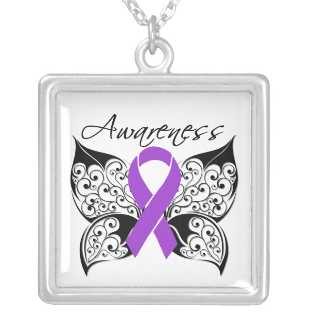 Sarcoidosis Awareness Tattoo Butterfly Silver Plated Necklace (Front)