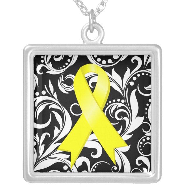 Sarcoma Cancer Ribbon Deco Floral Noir Silver Plated Necklace (Front)