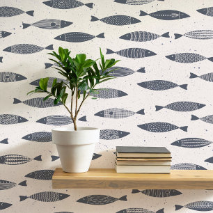 Sardine Fish Indigo Blue Cream Wallpaper