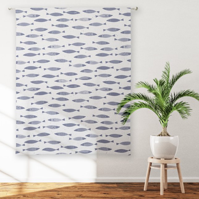Sardine Fish Navy Blue White Coastal Sheer Curtains (Blue and white fun sardines fish pattern sheer or blackout curtains)