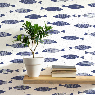 Sardine Fish Navy Blue White Coastal Wallpaper
