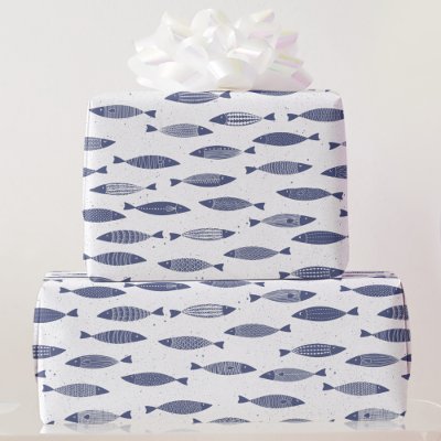 Sardine Fish Navy Blue White Coastal Wrapping Paper