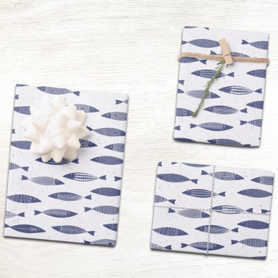 Sardine Fish Navy Blue White Coastal Wrapping Paper Sheets