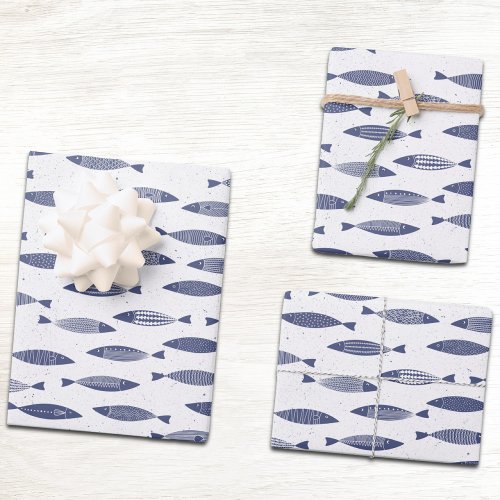 Sardine Fish Navy Blue White Coastal Wrapping Paper Sheets
