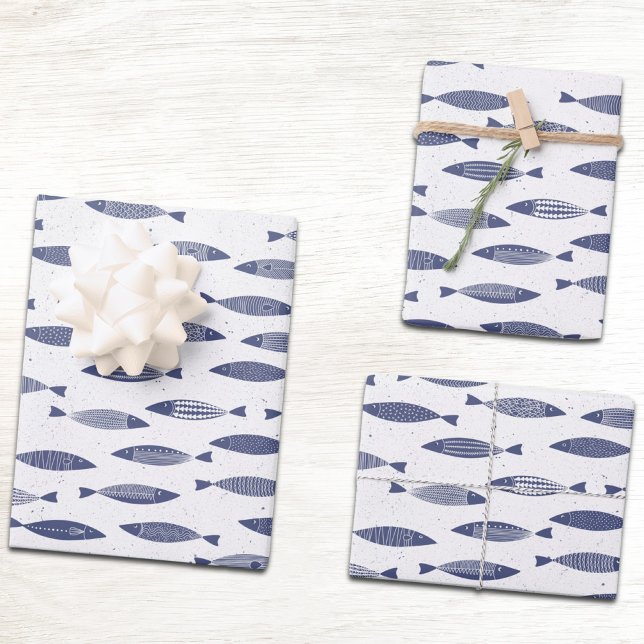 Sardine Fish Navy Blue White Coastal Wrapping Paper Sheets (Sardine fish blue and white block print coastal gift wrapping paper sheets)