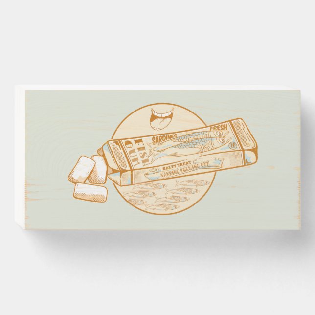 Sardine flavoured chewing gum funny fish wooden box sign (Front Horizontal)