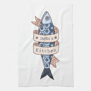 Sardine Line Drawing Personalized Kitchen Towel