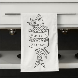 Sardine Line Drawing Personalized Kitchen Towel