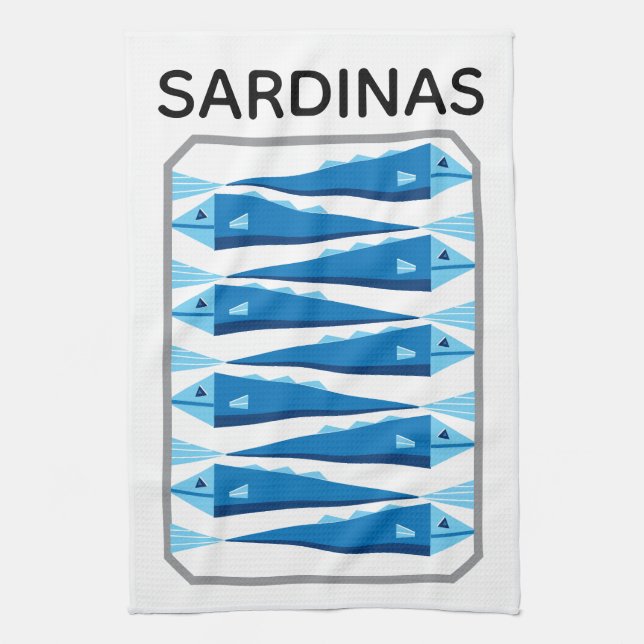 Sardines blue and white fish apron kitchen towel (Vertical)