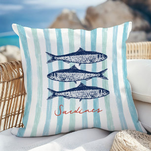 Sardines Fisherman Aesthetic Coastal Stripes Throw Pillow