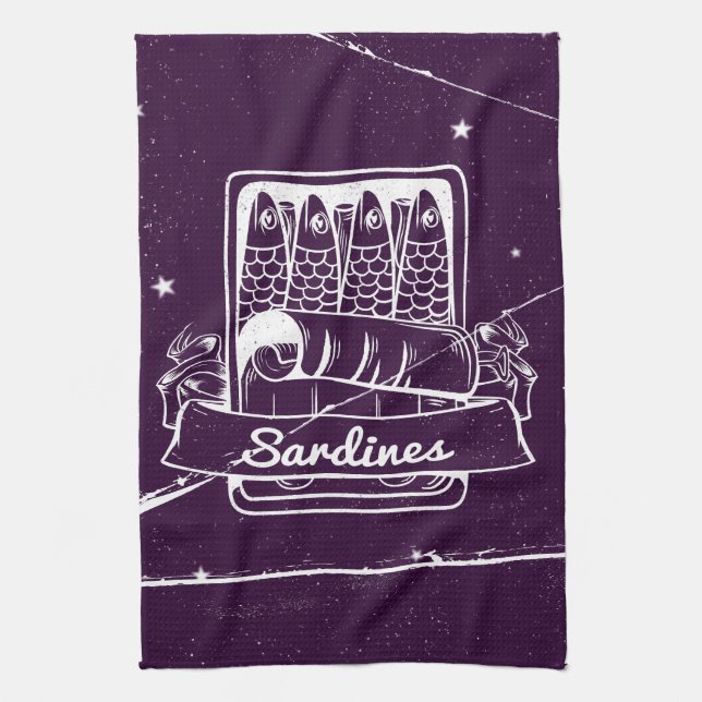 Sardines in a tin Distressed Kitchen Towel (Vertical)