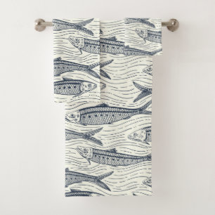 Sardines in Motion in navy and ivory Bath Towel Set