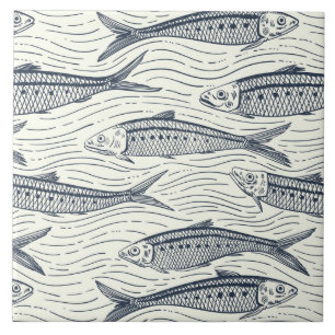 Sardines in Motion in navy and ivory Ceramic Tile