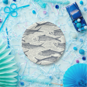 Sardines in Motion in navy and ivory Paper Plates